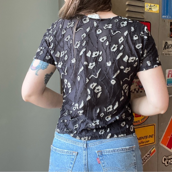Vintage 90s Black Burnout Floral Top | Sheer Velvet Short Sleeve | M - Picture 4 of 7